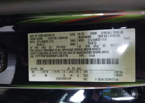 2022 Ford F-150 Platinum из США, поврежденный, VIN 1FTFW1E85NFC30778